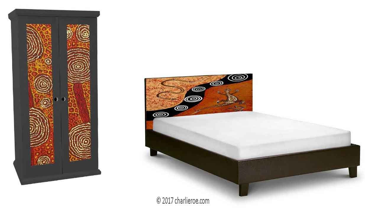 new Aborigine style painted bed & double wardrobe with abstract 'dot' painted panels
