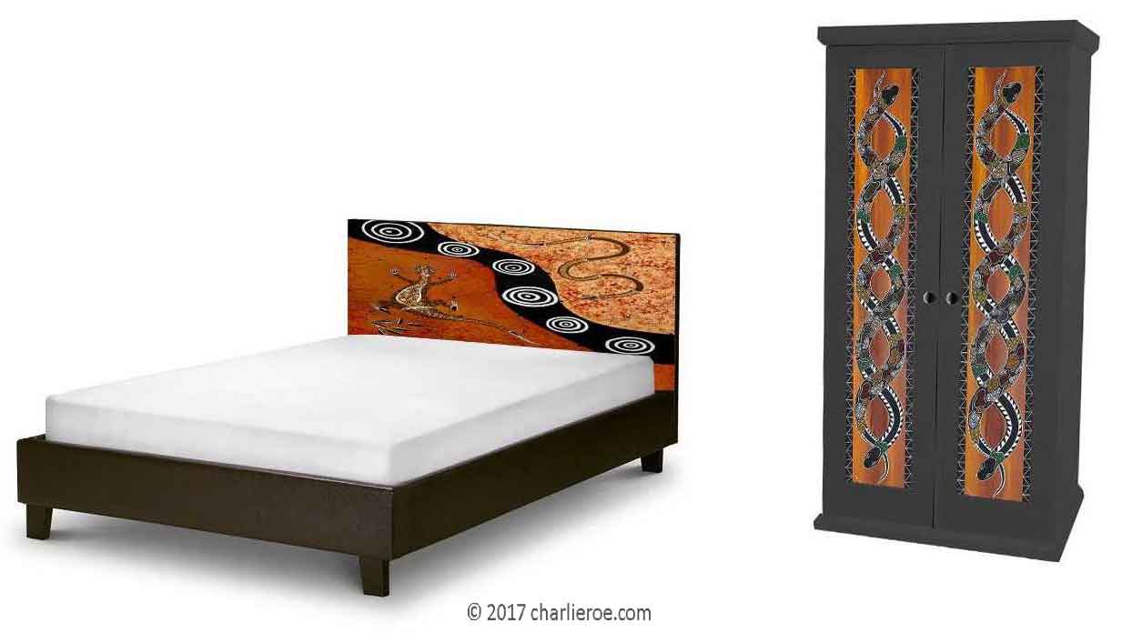 new Aborigine style painted bed & double wardrobe with double helix serpent design door panels