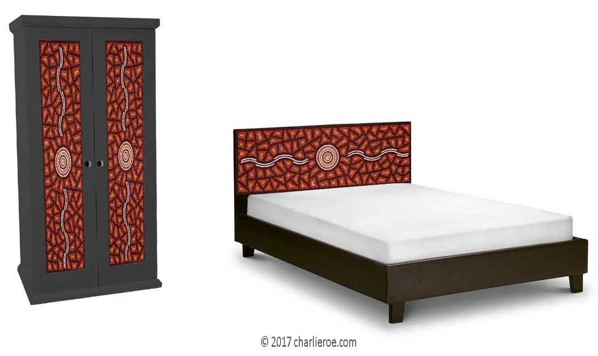 Aborigine style painted bed & double wardrobe with abstract 'dot' painted panels