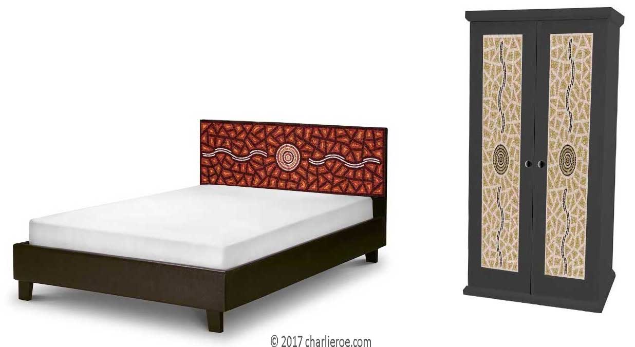 Aborigine style painted bed & double wardrobe with abstract 'dot' painted panels
