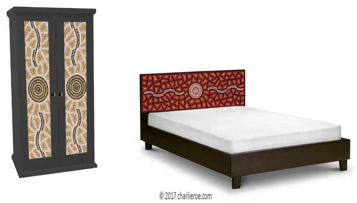 Aborigine style painted bed & double wardrobe with abstract 'dot' painted panels