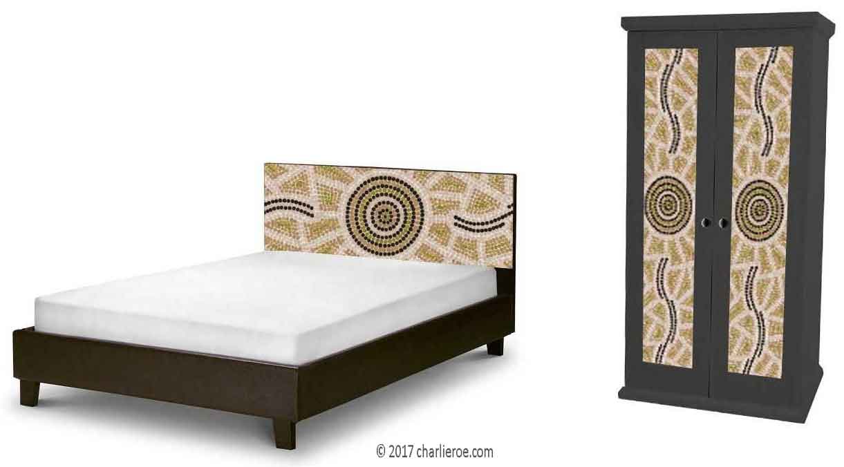 Aborigine style painted bed & double wardrobe with abstract 'dot' painted panels