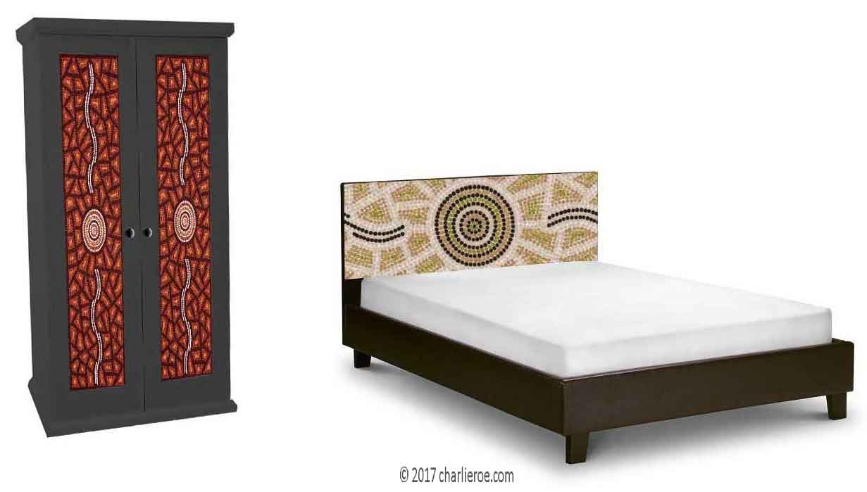 Aborigine style painted bed & double wardrobe with abstract 'dot' painted panels