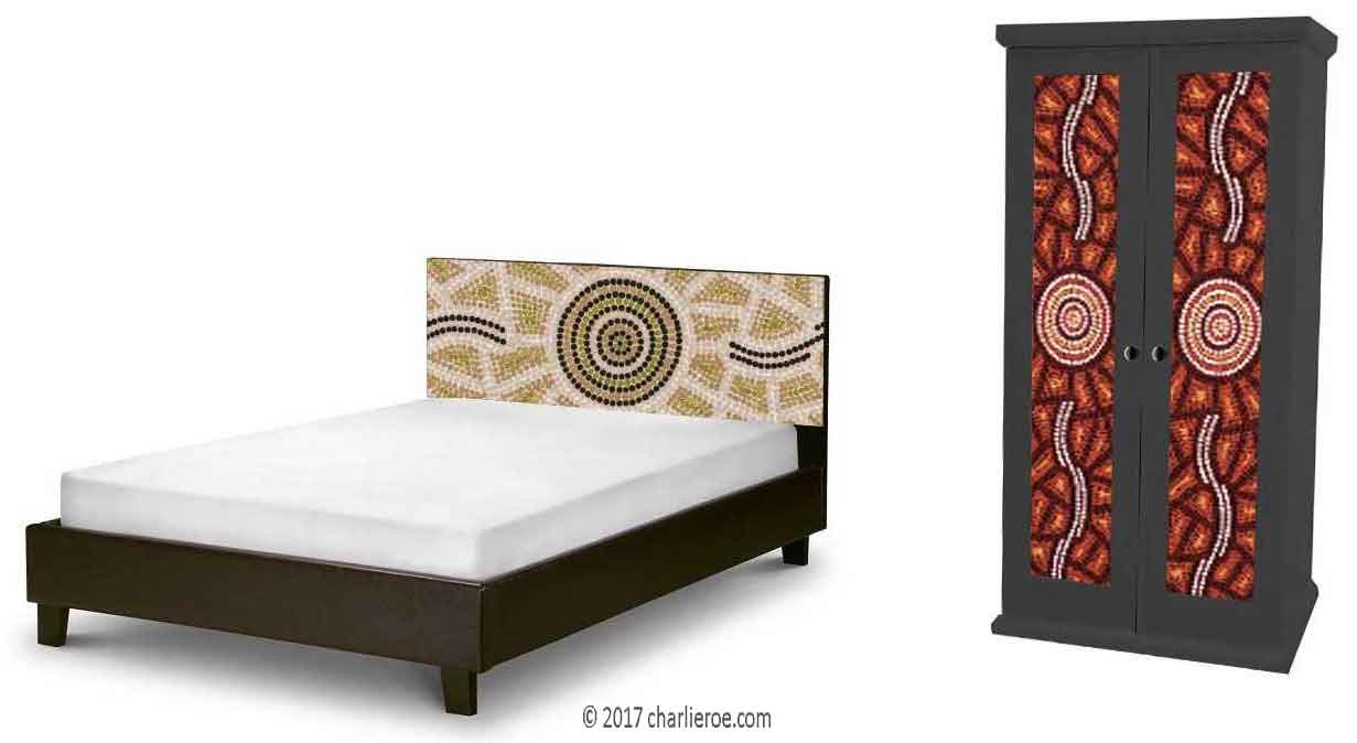 Aborigine style painted bed & double wardrobe with abstract 'dot' painted panels