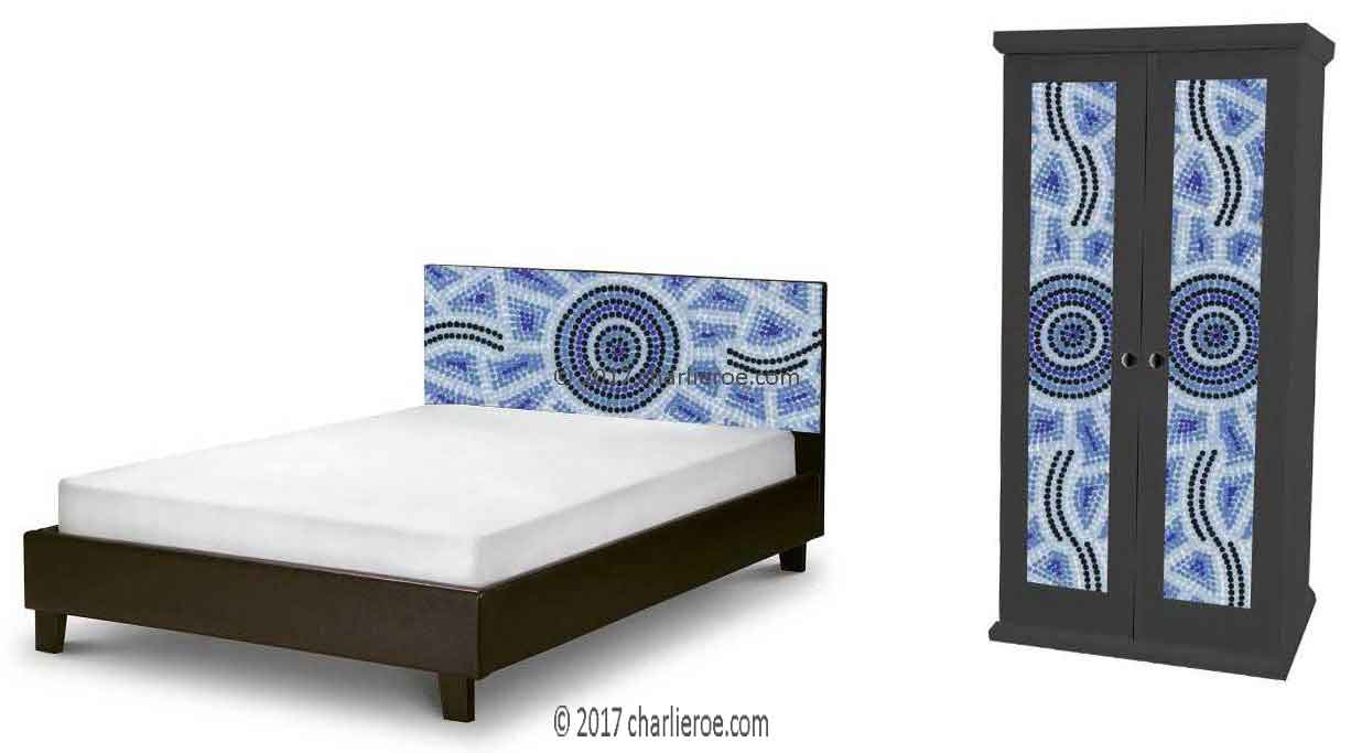 Aborigine style painted bed & double wardrobe with abstract 'dot' painted panels