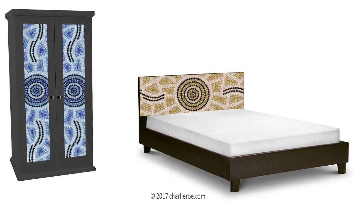 Aborigine style painted bed & double wardrobe with abstract 'dot' painted panels