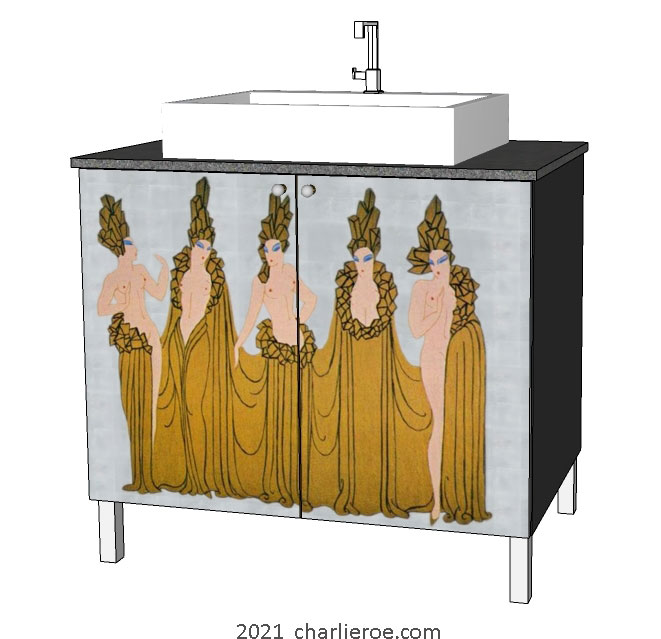 New Art Deco 2 door bathroom vanity cabinet cupboard with Erte inspired painted door panels on a silver background