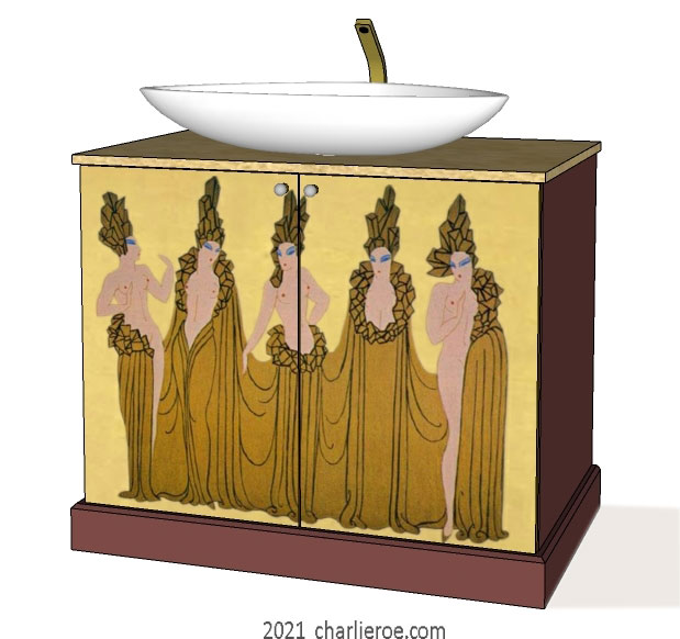 New Art Deco 2 door bathroom vanity cabinet cupboard with Erte inspired painted door panels on a gold background
