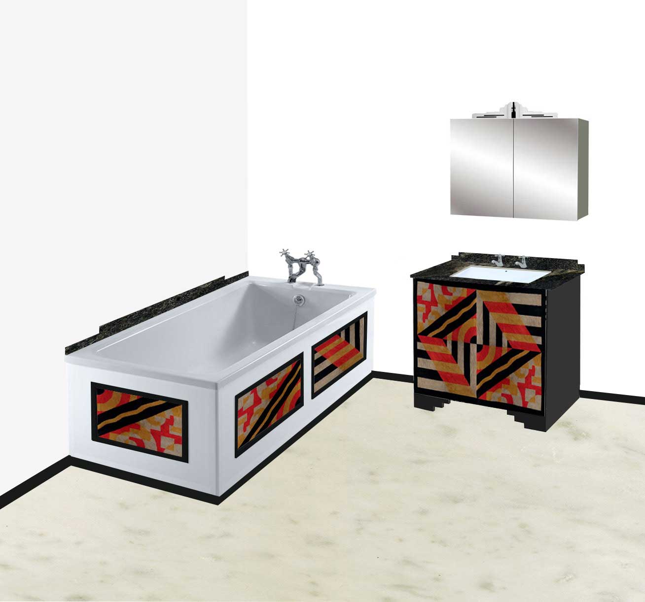 new Art Deco bathroom with Abtract Cubist painted designs stepped vanity units & wall mirrors & baths