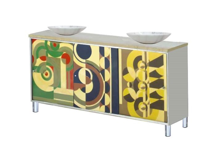 new Art Deco bathroom with Rene Herbst style Abtract Cubist painted designs stepped vanity units & wall mirrors & baths
