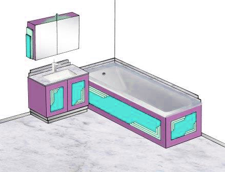 new Art Deco bathroom design with stepped mouldings speed lines on vanity unit & wall mirror unit & bath panels