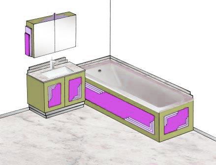 new Art Deco bathroom design with stepped mouldings speed lines on vanity unit & wall mirror unit & bath panels