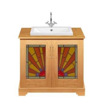 New Art Deco oak 2 door bathroom vanity unit with rising sun stained glass panels