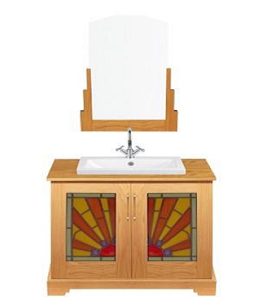New Art Deco oak 2 door bathroom vanity unit with rising sun stained glass panels & matching oak Skyscraper style mirror