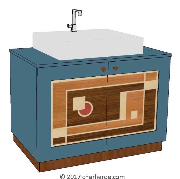 new Art Deco bathroom vanity unit with painted finish and marquetry veneer panels