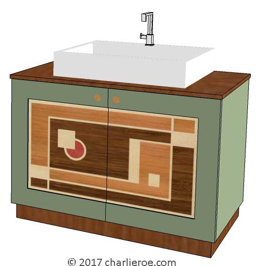 new Art Deco bathroom vanity unit with painted finish and marquetry veneer panels