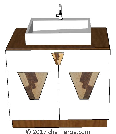 New Art Deco 2 door cabinet, cupboard, bar or sideboard with painted Skyscraper design door panels & and matching V shaped handles