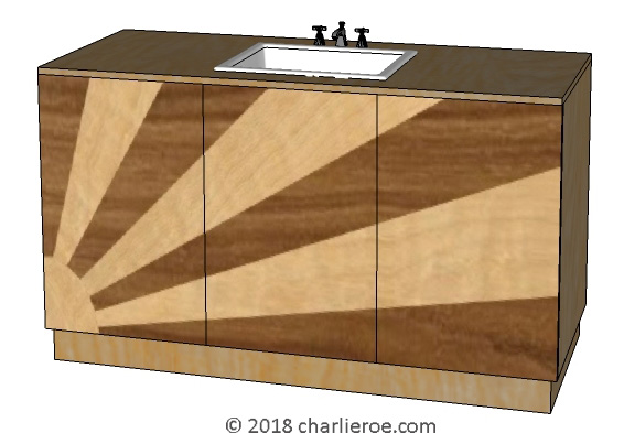 New Art Deco marquetry veneered 3 door vanity unit with rising sun design on the bar panel