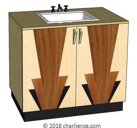 New Art Deco marquetry veneered 2 door bathroom vanity unit cupboard with abstract design doors