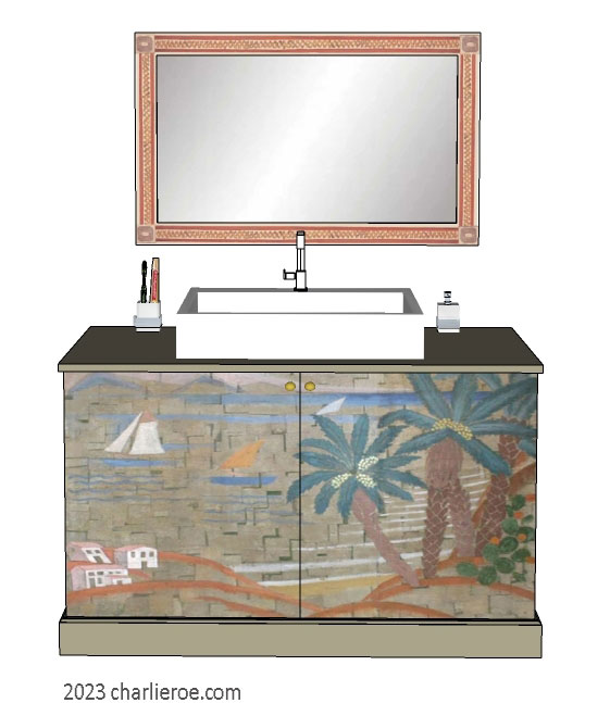 New Art Deco hand painted 2 door bathroom vanity unit with Cubist seascape design on the doors