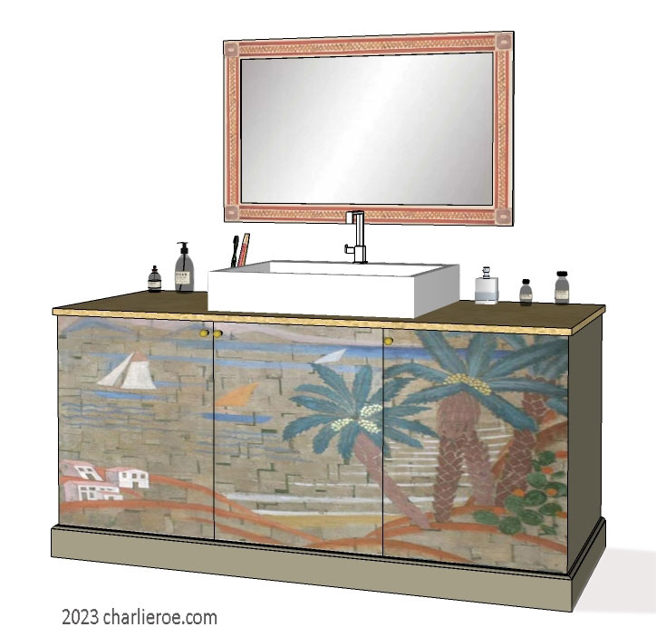 New Art Deco hand painted 4 door bathroom vanity unit with Cubist seascape design on the doors 