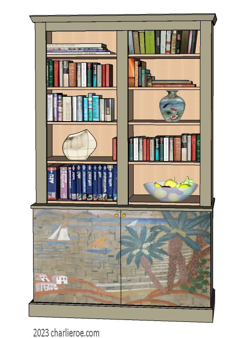New Art Deco hand painted 2 door bookcase with Cubist seascape design on the doors 