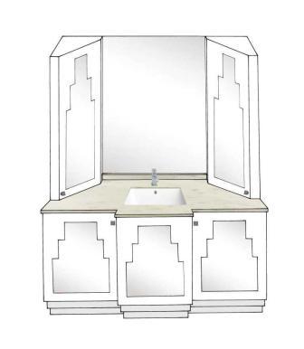 new Art Deco bathroom 3 door vanity unit with Paul Frankl Skyscraper style Deco designs & 2 angled tall units