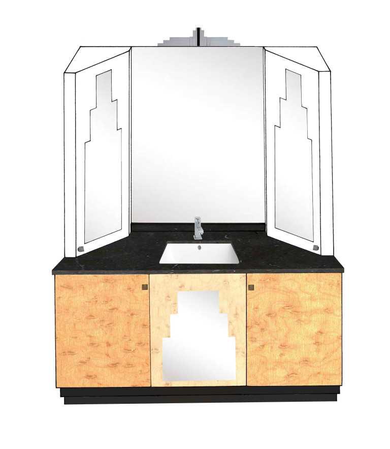 new Art Deco bathroom 3 door vanity unit with Paul Frankl Skyscraper style Deco designs & 2 angled tall units