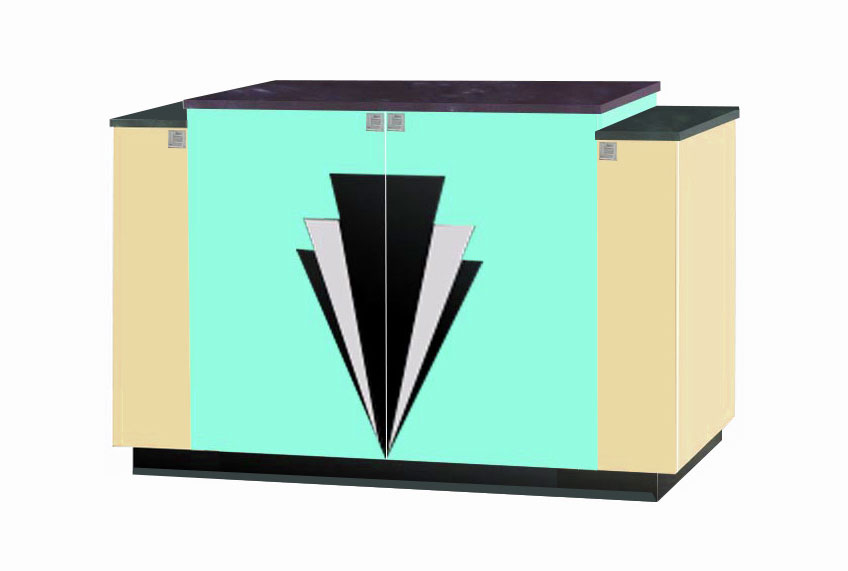 New Art Deco 4 door stepped sideboard with Deco design on doors & lacquered painted in Miami style pastel colours