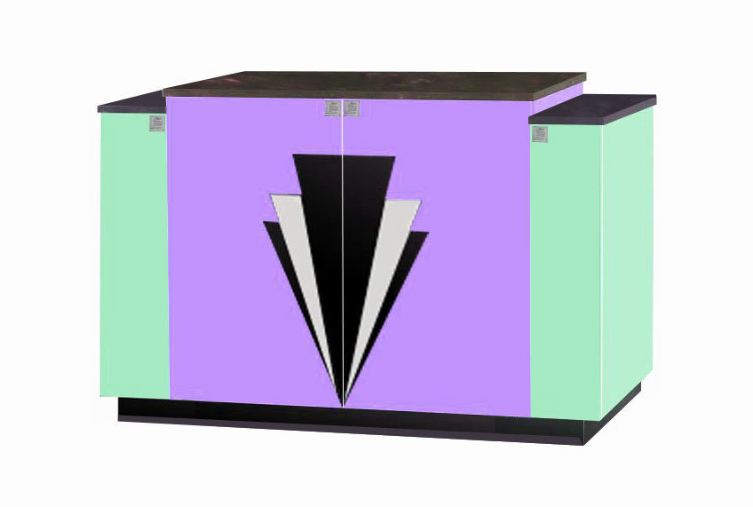 New Art Deco 4 door stepped sideboard with Deco design on doors & lacquered painted in Miami style pastel colours