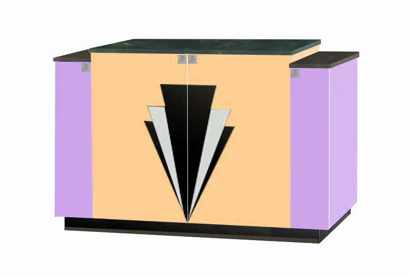 New Art Deco 4 door stepped sideboard with Deco design on doors & lacquered painted in Miami style pastel colours