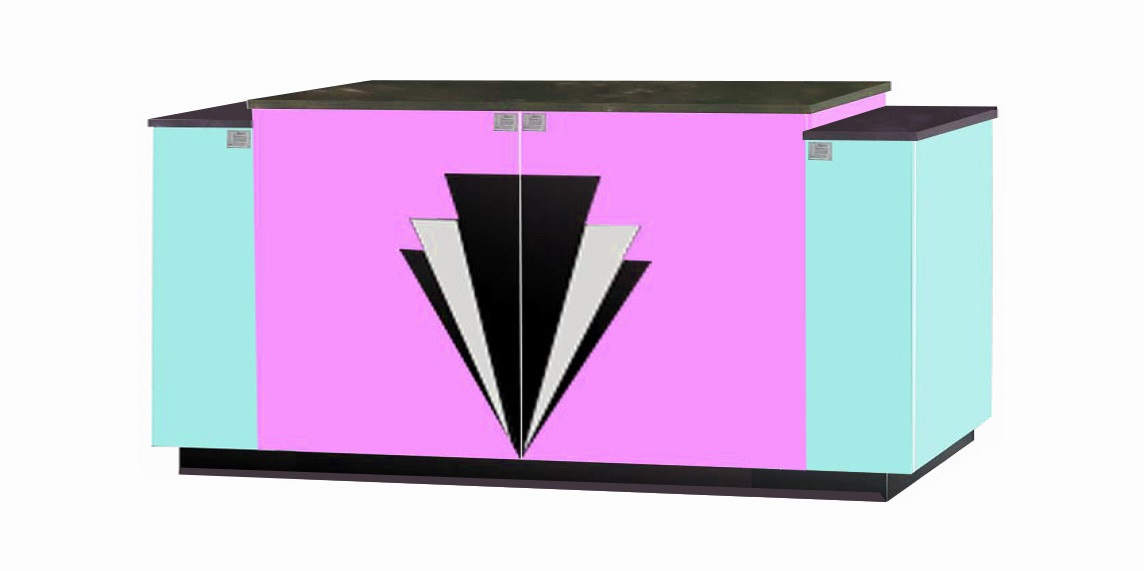 wider version of New Art Deco Streamlined lacquered painted 2 door sideboard cabinet cupboard with designs on doors