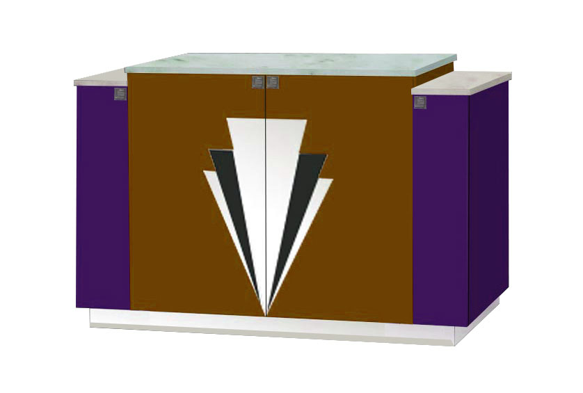 New Art Deco 4 door stepped sideboard with Deco design on doors & lacquered painted in Miami style pastel colours