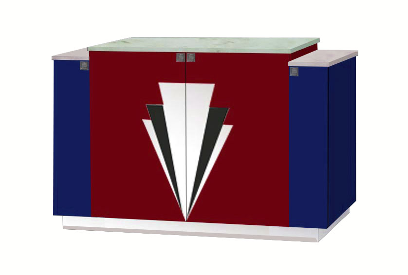 New Art Deco 4 door stepped sideboard with Deco design on doors & lacquered painted in Miami style pastel colours