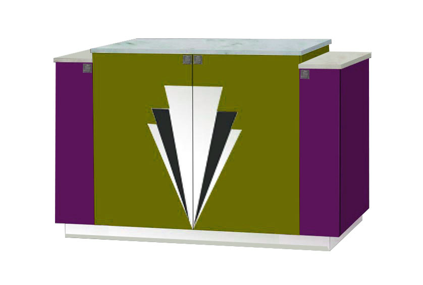 New Art Deco 4 door stepped sideboard with Deco design on doors & lacquered painted in Miami style pastel colours