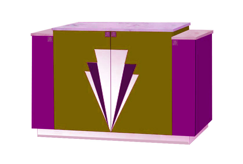 New Art Deco 4 door stepped sideboard with Deco design on doors & lacquered painted in Miami style pastel colours