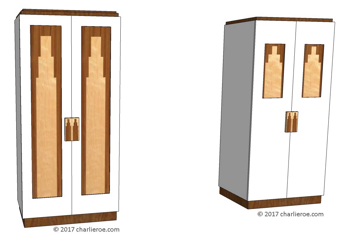 New Art Deco lacquered painted wood 2 door bathroom vanity unit with skyscraper style marquetry veneered door panels
