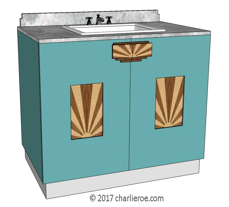 New Art Deco lacquered painted wood 2 door bathroom vanity unit with marquetry veneered door panels & stone marble worktop