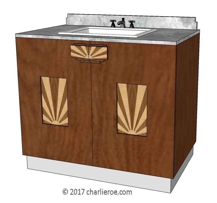 New Art Deco lacquered painted wood 2 door bathroom vanity unit with marquetry veneered door panels & stone marble worktop