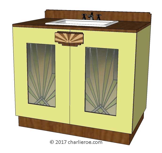 New Art Deco lacquered painted wood 2 door bathroom vanity unit with stained leaded glass door panels & stone marble worktop