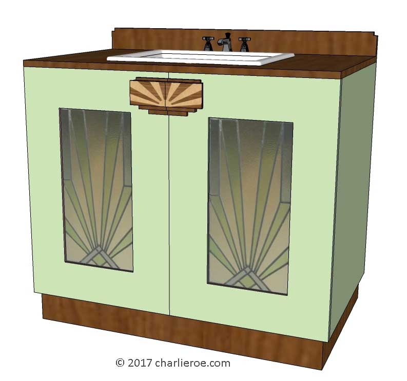 New Art Deco lacquered painted wood 2 door bathroom vanity unit with stained leaded glass door panels & stone marble worktop, in KEM Weber colour combination
