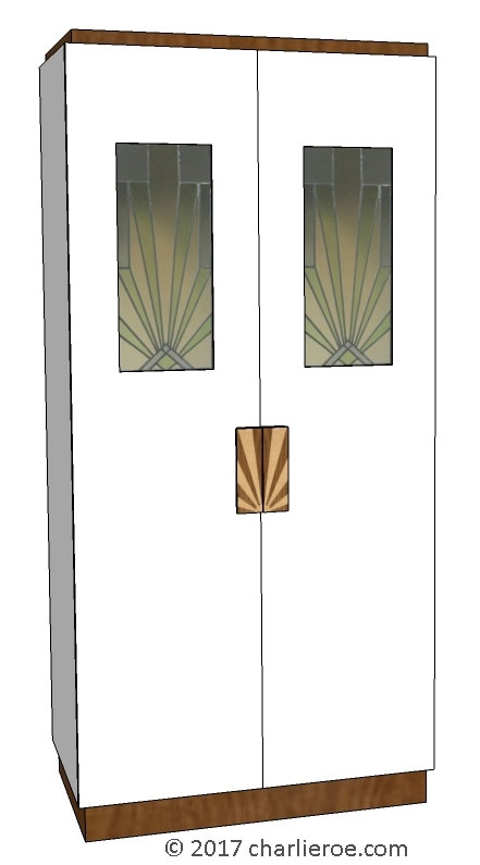 New Art Deco lacquered painted wood matching 2 door wardrobe with stained leaded glass door panels