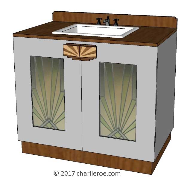 New Art Deco lacquered painted wood 2 door bathroom vanity unit with stained leaded glass door panels & stone marble worktop