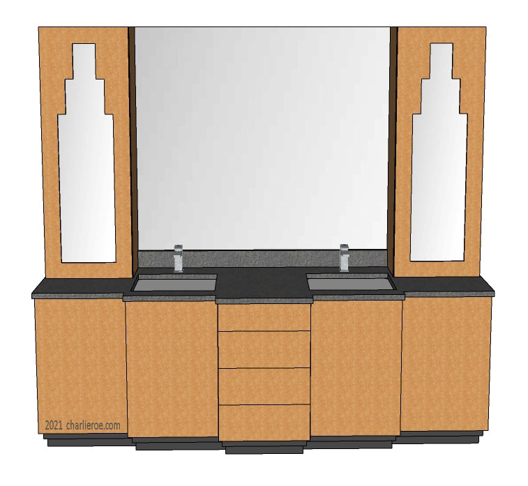 new Art Deco bathroom 5 door Maple vanity unit & 2 tall units with Paul Frankl Skyscraper style door panels