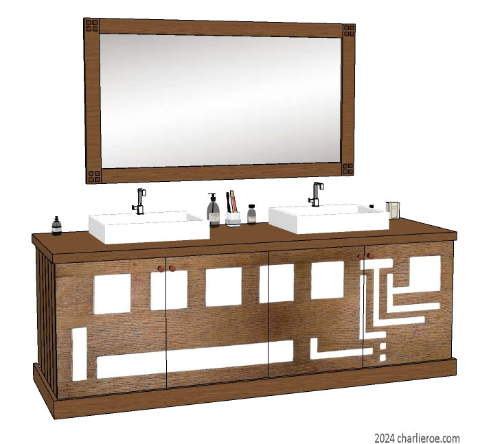 New Frank Lloyd Wright bathroom vanity unit and wall mirror in wood finish