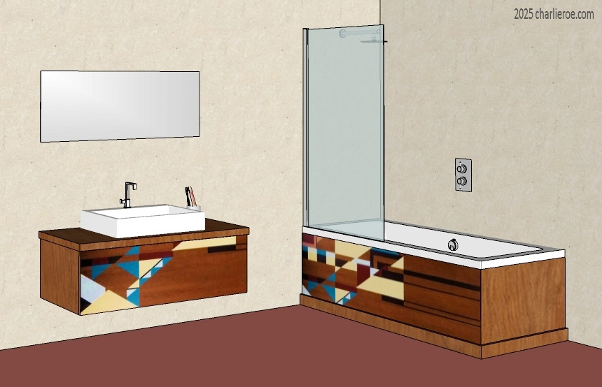 New Frank Lloyd Wright & Gene Masselink bathroom vanity unit and matching bath panels in wood finish with painted geometric designs