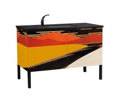 New Jean Dunand Art Deco 2 door sideboard with painted abstract landscape designs with black undermounted sink,