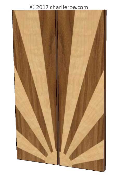New Art Deco cupboard furniture stepped door handles with veneered marquetry classic 'Rising Sun' pattern in vertical format