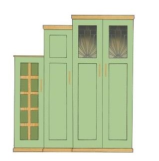 new Art Deco Skyscraper style stepped breakfront 4 door bedroom wardrobes painted & wood with stained glass panels furniture