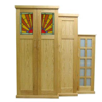 new Art Deco Skyscraper style stepped breakfront 4 door oak bedroom wardrobes with stained glass panels